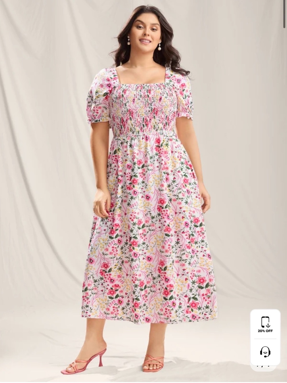 BloomChic Pink Floral Smocked Square-Neck Midi Dress